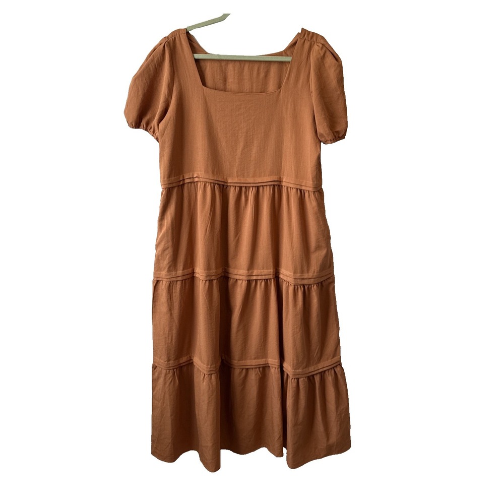 Cottagecore Peasant‎ Square Neck Puff Sleeve Tiered Midi Dress XL Relaxed Boho